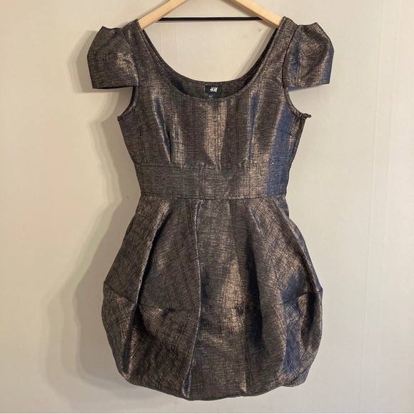 H&M Y2k metallic bronze puff cap sleeve bubble cocktail party formal dress - Picture 2 of 12